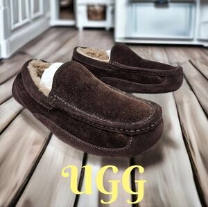 Ugg Mens Ascot Slippers Sz 7 Brown Suede & Fabric Upper Sherling Lined Plush